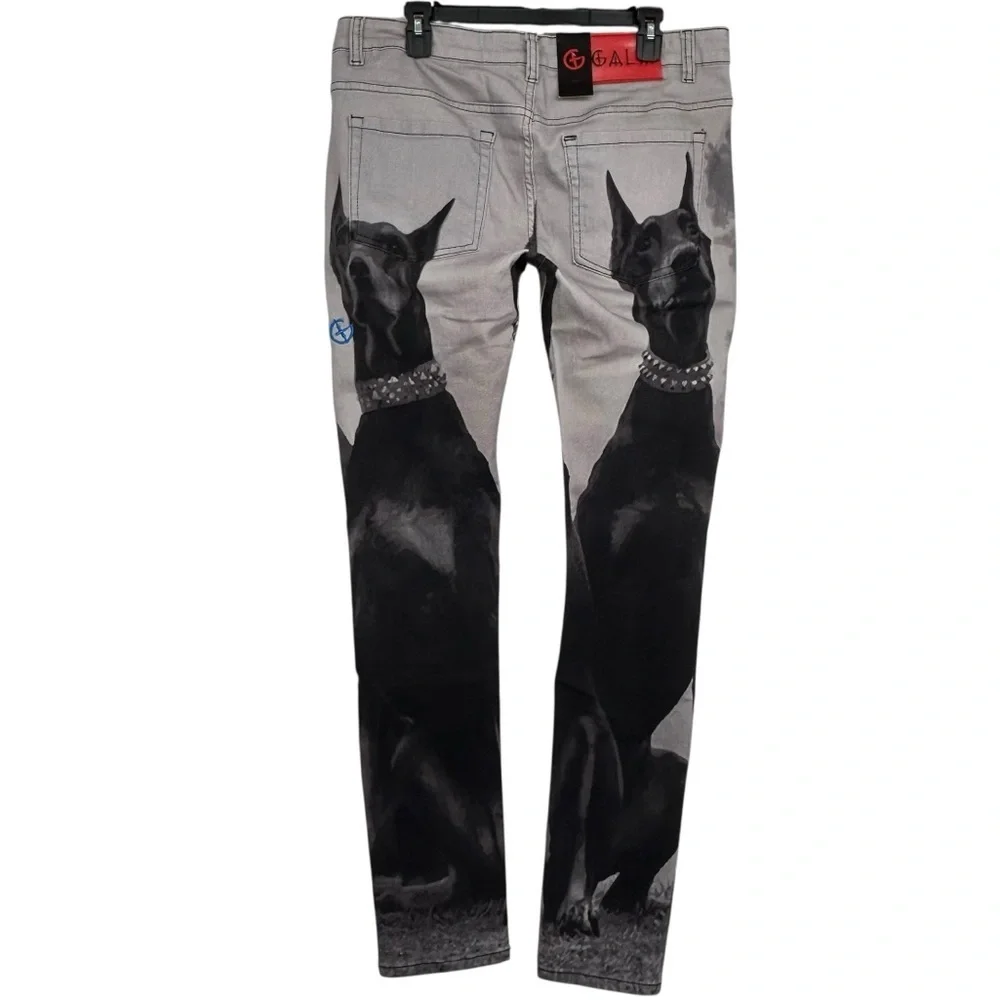 Gala Jeans NWT $180 Doberman Dog Graphic Gothic Blue Script Streetwear Sz W36 - Picture 8 of 16